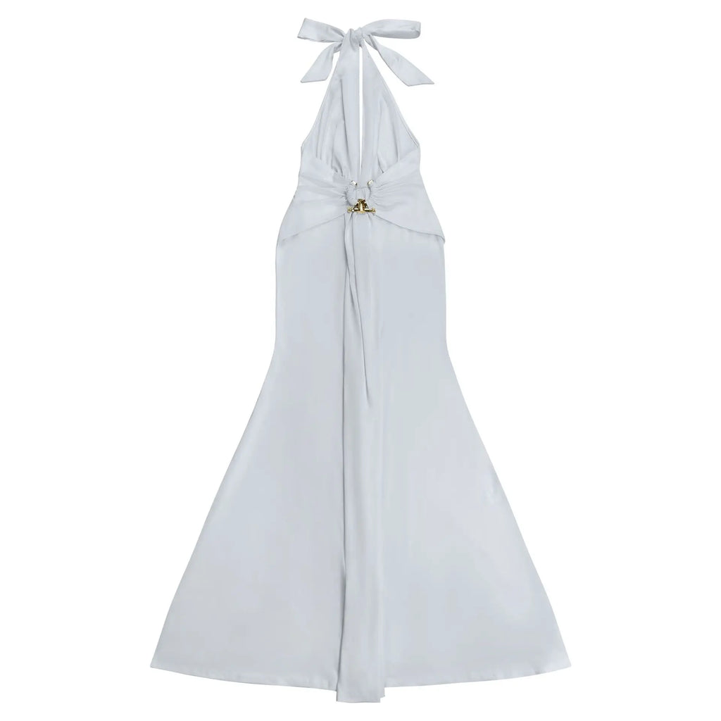 EINY Sexy Women White Halter Maxi Dress Elegant Backless Ruched Bodycon Long Gown Party Club Night Birthday Mermaid Dresses Y2K