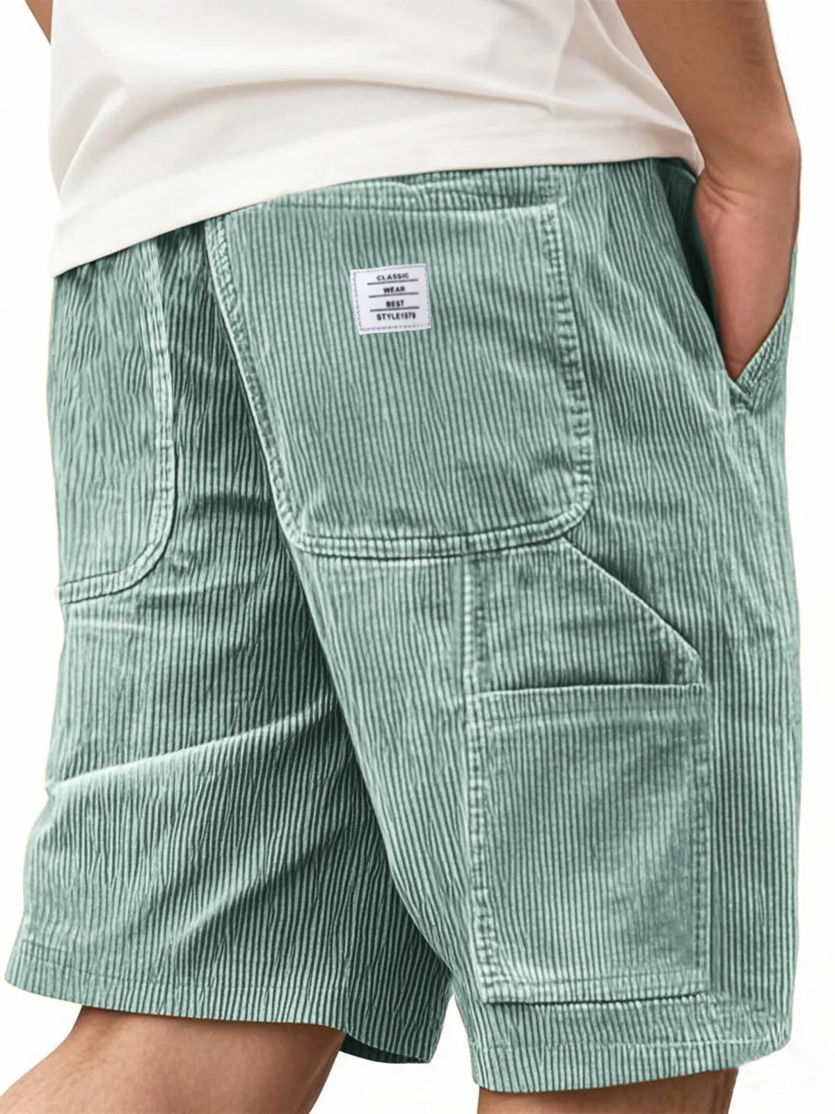 2026 Summer Men's Retro Corduroy Workwear Shorts Elastic Waist Multi-Pocket Casual Shorts Embroidery Daily Shorts For Male
