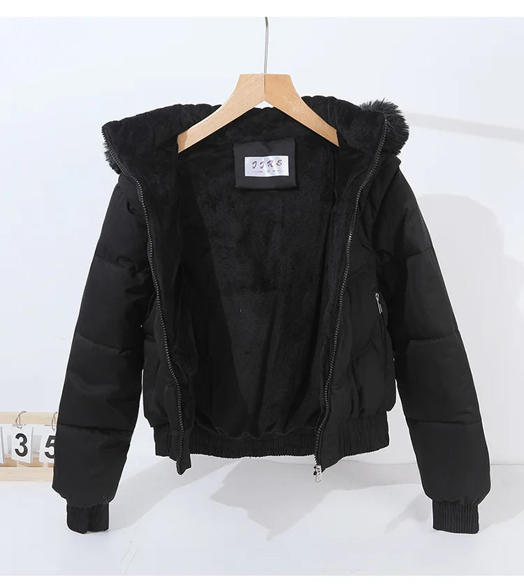 Winter Thickened Short Korean-Style Cotton-Padded Jacket with Fur Collar for Petite Women Warm Coat down Filled