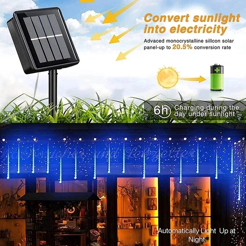 Solar Falling Star Meteor Lights 30CM8Tubes-50CM8Tubes LED String IP54 Waterproof Warm White Blue Colorful 8 Modes Christmas LED