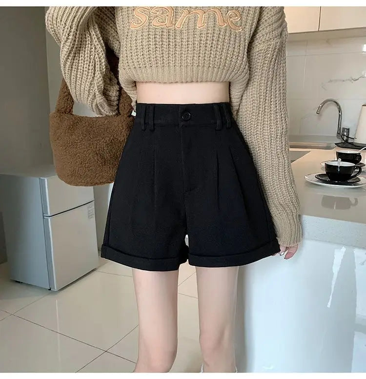 Women Office Lady Summer 2025 Solid Brown Thick High Waist Shorts Korean Style Wide Leg Boot Pants