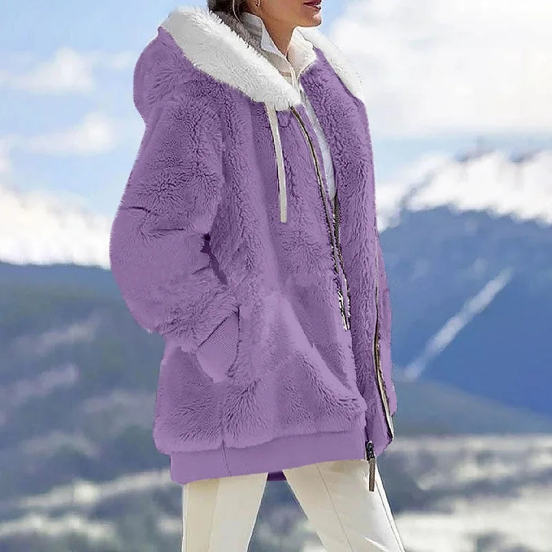 New Style Winter Fashion Women's Coat Casual Hooded Zipper Ladies Clothes Cashmere Women Fleece Jacket Solid Color Ladies Coats