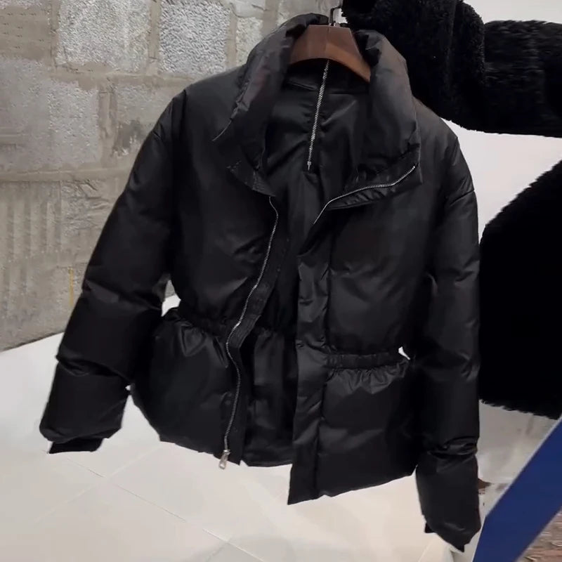 Casual Women's Waist Cinched Padded Cotton Coats Stand Collar Zipper Full Sleeve Coat 2026 Autumn Winter Lady Down Jacket New