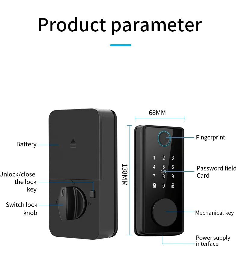 Tuya WiFi Smart Door Lock Keyless Entry Fingerprint Electronic Digital Lock TTlock App/Password/IC Card Unlock For Wooden Door