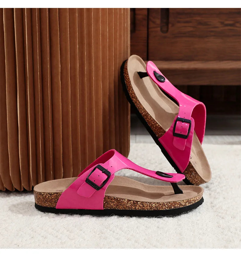 New Cork Sandals for Women Open Toe Beach Slippers with Adjustable Buckle Women Flats Leather Cork Footbed Flip Flops