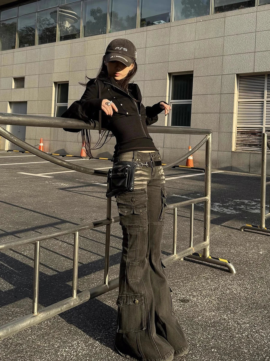 REDDACHiC Black Low Waist Cargo Jeans 2000s Distressed Whiskers Multi-pocket Stretch Bootcut Pants Women Retro Grunge Streetwear
