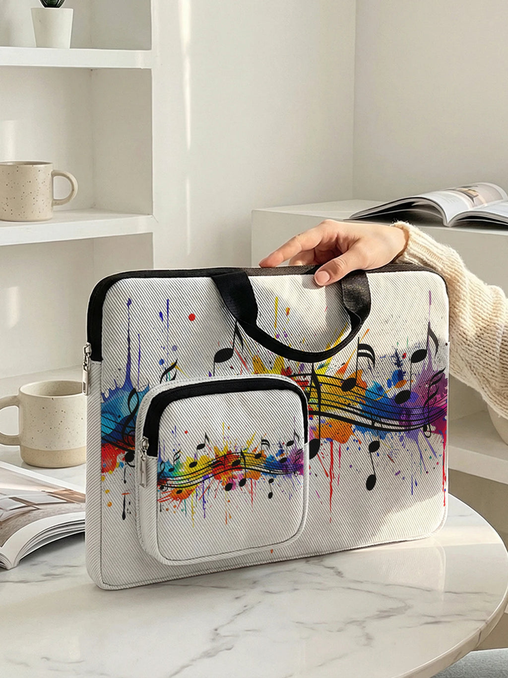 Rainbow Splash Music Note Laptop Handbag With Extra Pocket Shockproof Notebook Case For 13-15.6 Inch Laptops