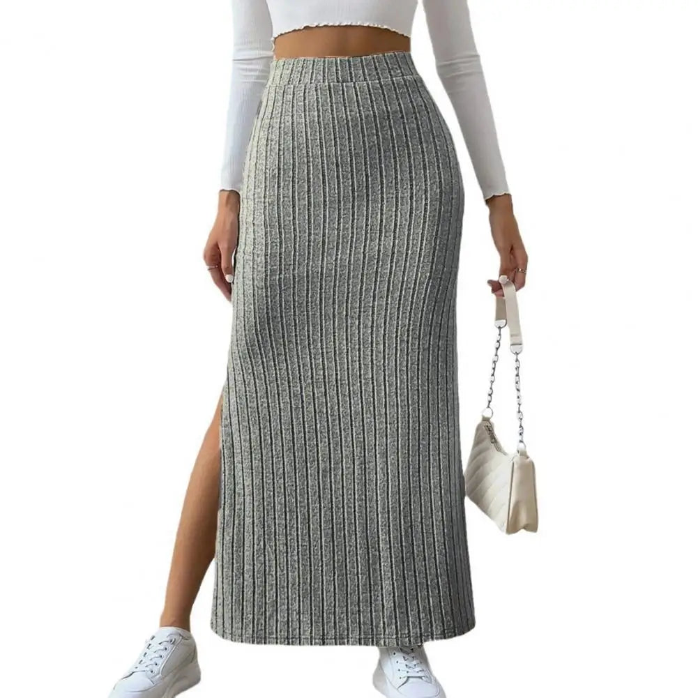 Women Maxi Ribbed Skirt High Waist Side Slit Knitting Skirt Solid Color Long Skirt Streetwear Women Outdoor Wear Skirts
