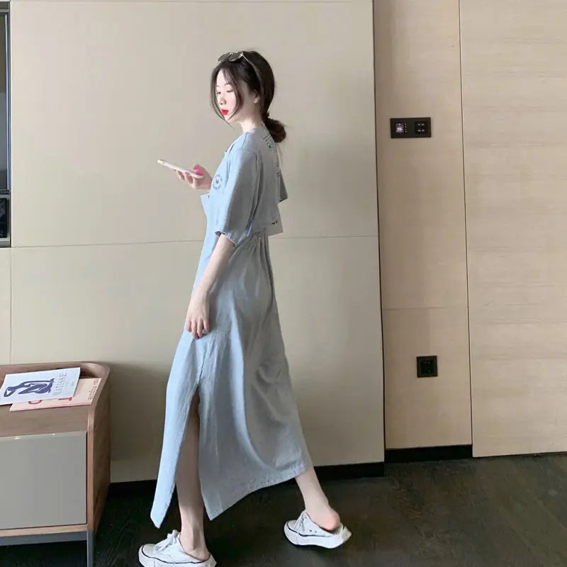 Summer Backless Split Hem Midi Dress Round Neck Short Sleeve Printing Ladies Dresses Korean Fashion Women Clothing