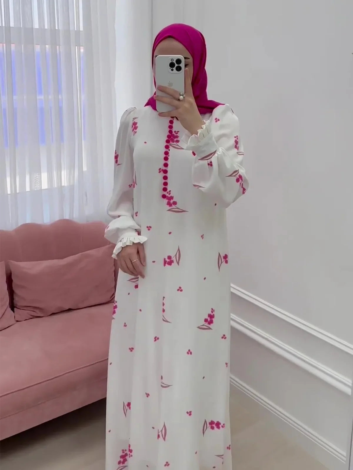 Eid Muslim Party Dress for Women Sweet Print Long Dresses Button Ramadan Morocco Vestidos Largos Dubai Turkey Robe Jalabiya 2024