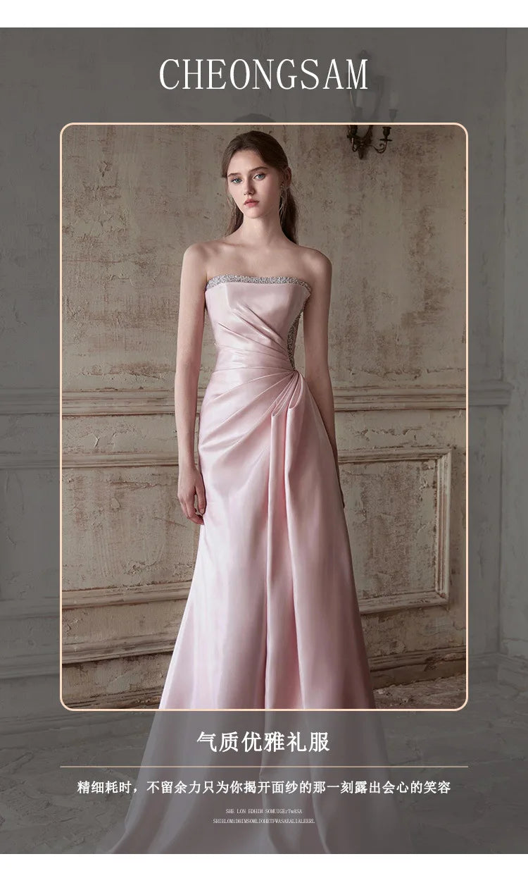 DEAT Fashion Pink Patchwork Sequined Strapless Dress Women's Slim Fit Waist Contraction Flods Floor-length Dresses New  7A2987