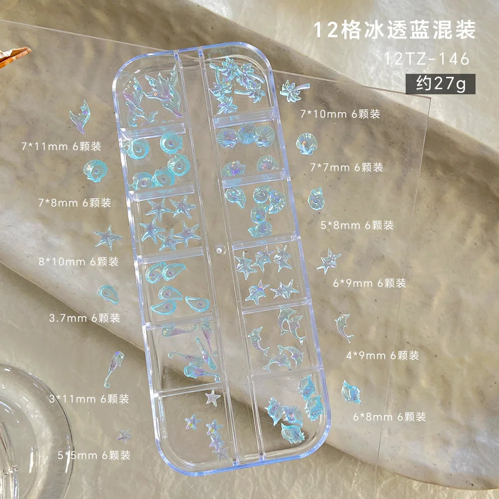 YYM 12 Grid Starfish Shell Nail Jewelry Set Box Conch Coconut Tree DIY Kit with Diamond Accessories for Nail Art