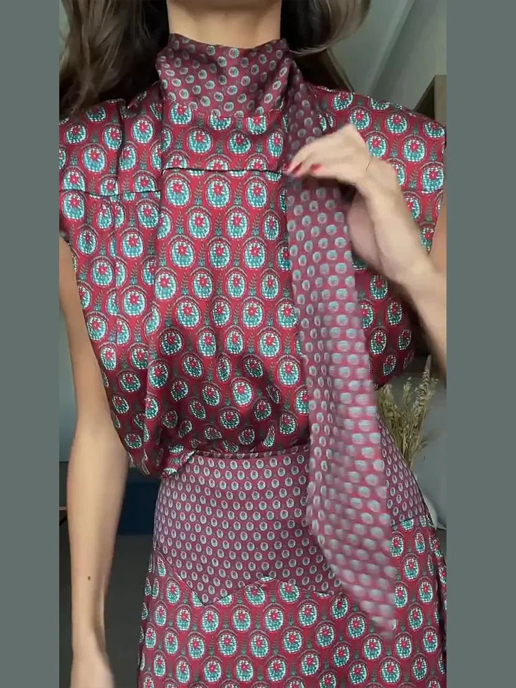 Elegant Printed Women's Vest Skirts Suit Sleeveless Top A-Line Long Skirts Lady Set 2026 Summer Autumn 2 Pieces Set Women