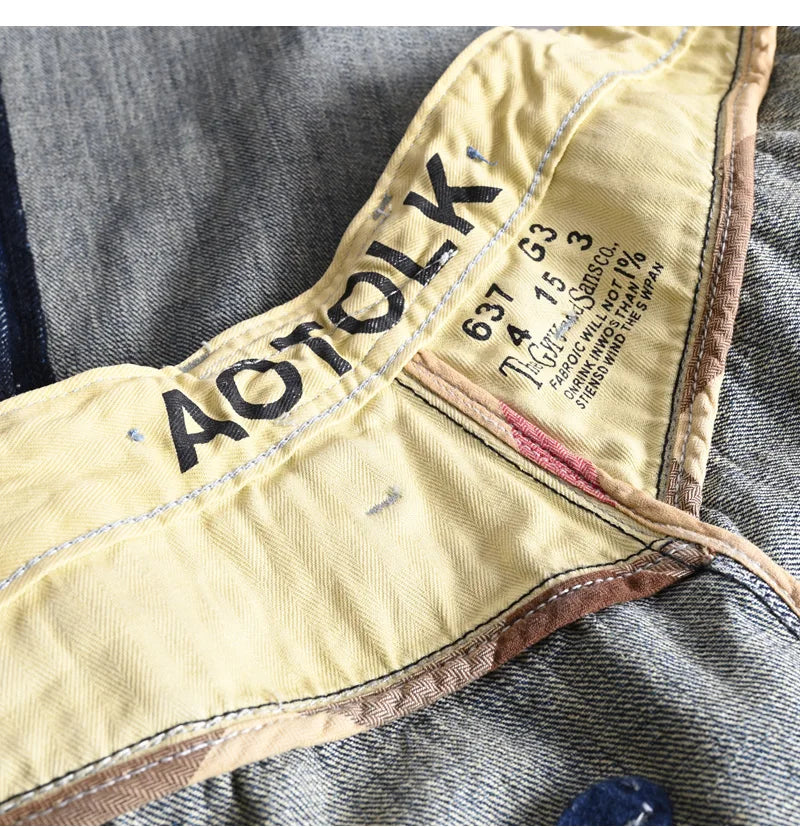 Heavyweight 100% Cotton Relaxed Straight Denim Jeans Vintage Washed & Distressed American Casual Pants for Men Amekaji Retro