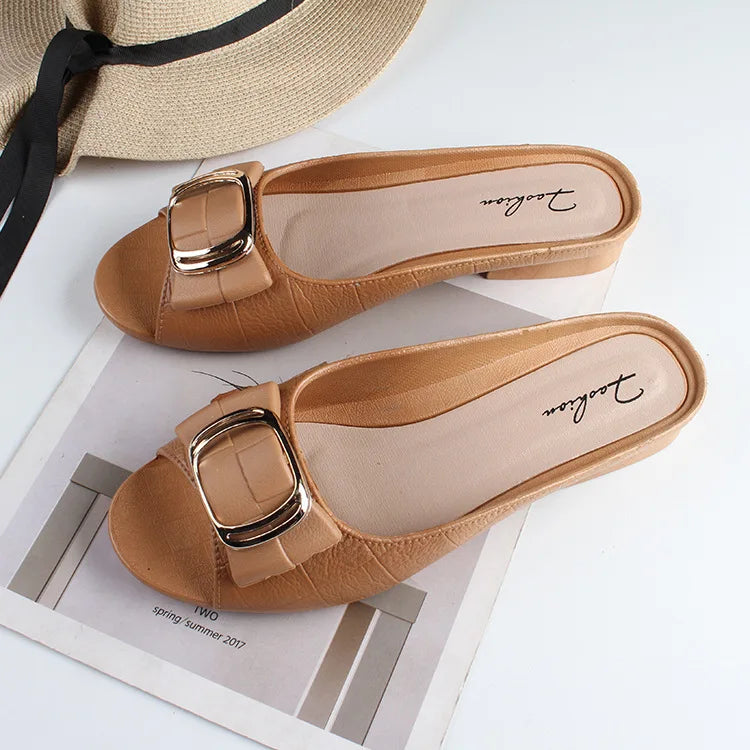 Summer Women Square Buckle Open-Toe Slippers Single Strap Flat Sandals Lady Solid Color Outdoor Beach Shoes Adult Casual Sandals