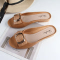 Summer Women Square Buckle Open-Toe Slippers Single Strap Flat Sandals Lady Solid Color Outdoor Beach Shoes Adult Casual Sandals