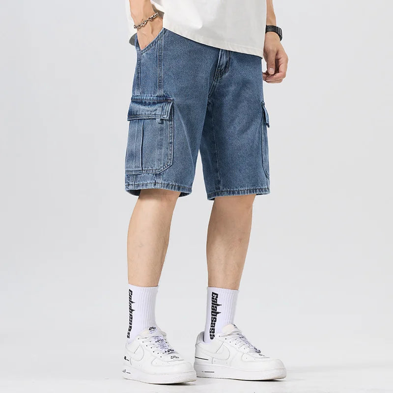 Men's Fashion Cargo Denim Shorts Summer Streetwear Multi-Pocket Casual Knee Length Stretch Five-Point Jeans Shorts Male Trendy