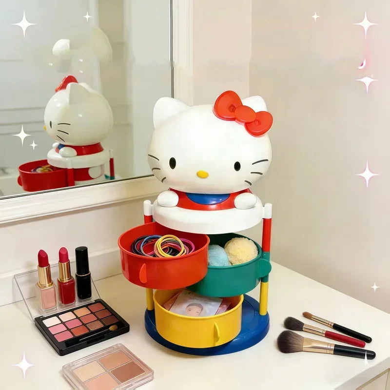 Hello Kitty Organizer Box Kawaii Rotating Storage Box Cute Makeup Holder Three Layer Desktop Organizer