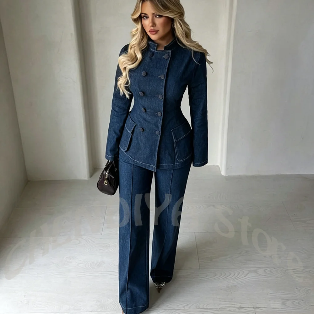 Women‘s Dark Blue Denim 2-Piece Suit Set Tailored Double Breasted Stand Collar Smart Casual Streetwear Chic Daily Outfits