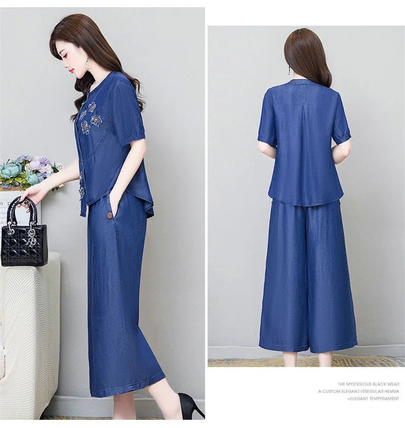 Ethnic Style Denim Wide Leg Pants Sets For Women Spring Summer NEW Embroidery Cowboy Jacket +Jeans Pants Suits Female Outfits