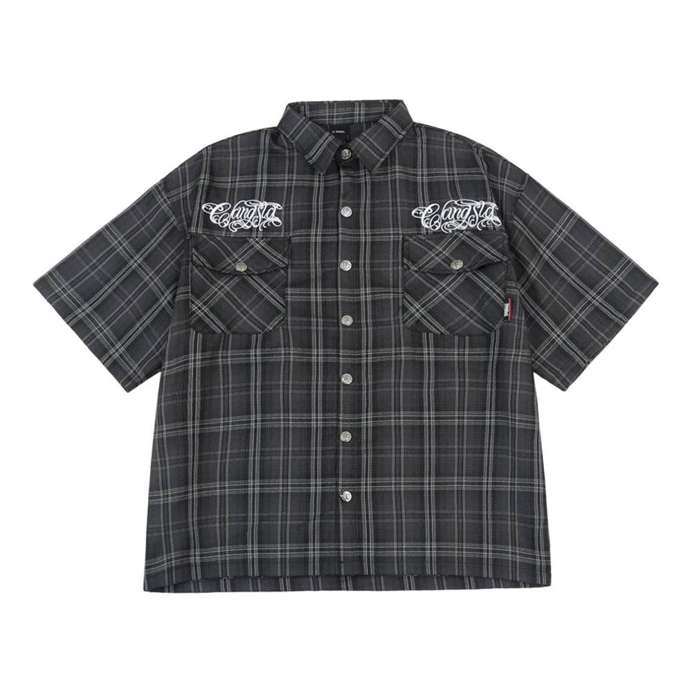 Chicano Safari Short Sleeve Shirt Mens Summer Streetwear Casual Loose Letter Embroidery Lapel Plaid Shirt Man