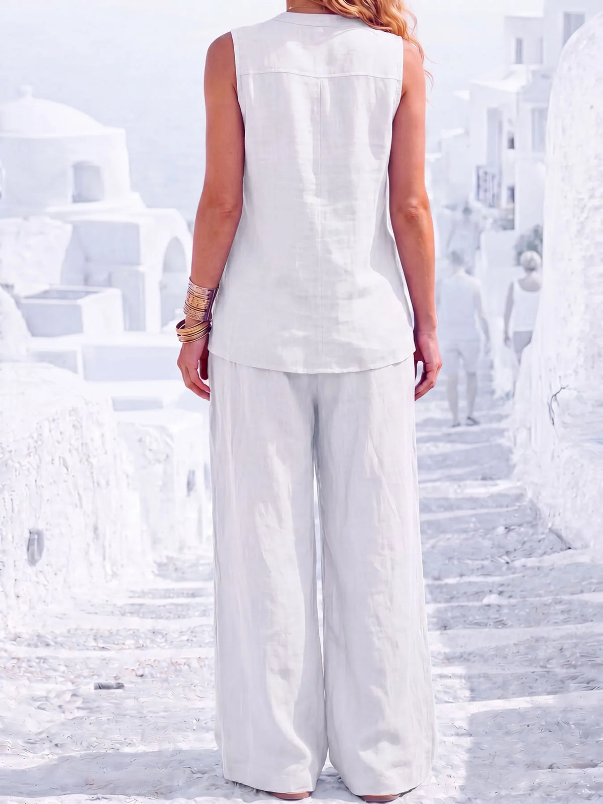 Women's 100% Cotton Casual Two-Piece Set: Sleeveless Tank Top & Wide-Leg Pants – Lightweight, Minimalist, and Stylish