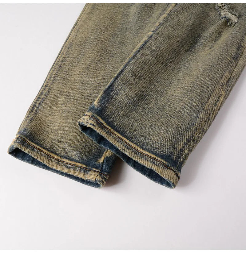 2026 New Men's Fashion Snake Embroidery Denim Jeans Vintage Blue Snakeskin Leather Patch Stretch Pants Skinny Tapered Trousers