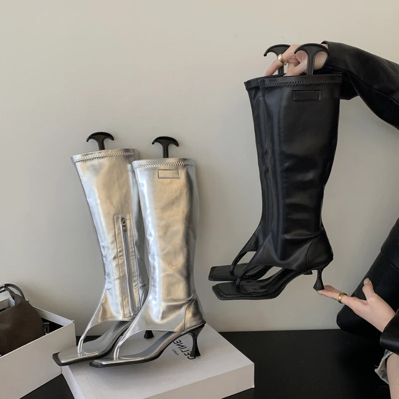 Eilyken Black Open Toe Clip-On Knee High Boots Women Modern Booties Thin Low Heels Side Zipper Spring  Party Pumps Sandals Shoe
