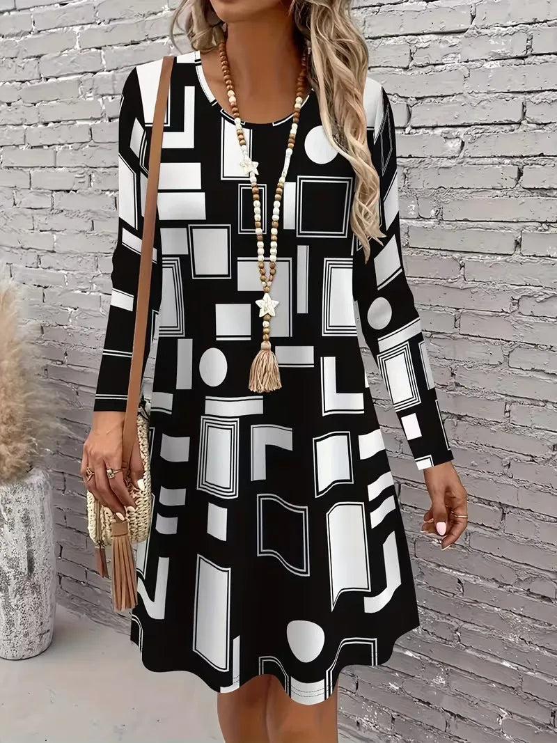 3D retro printed dress, women's autumn long sleeved round neck casual mini A-line dress Vestidos De Mujer