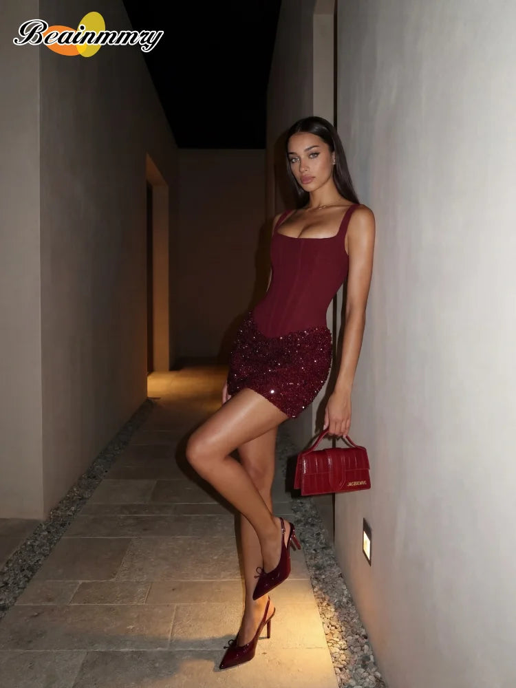 Sexy Women Pleated Bodycon Dress Sequin Backless Slim Spaghetti Strap Mini Summer Dresses 2026 Evening Nightclub Party Gown