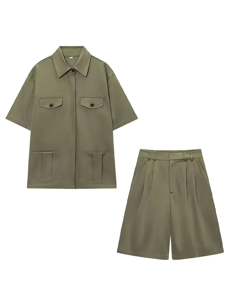 HH Women Summer Solid 2-Piece Set Button Pocket Decoration Short Sleeve Lapel Shirts+High Waist Pleated Zipper Casual Shorts