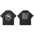 Men T-Shirt Aphex Twin Washed Black Print Short Sleeve Tops Cotton Graphic Oversized Korean Fashion Tees Y2k Streetwear Clothing