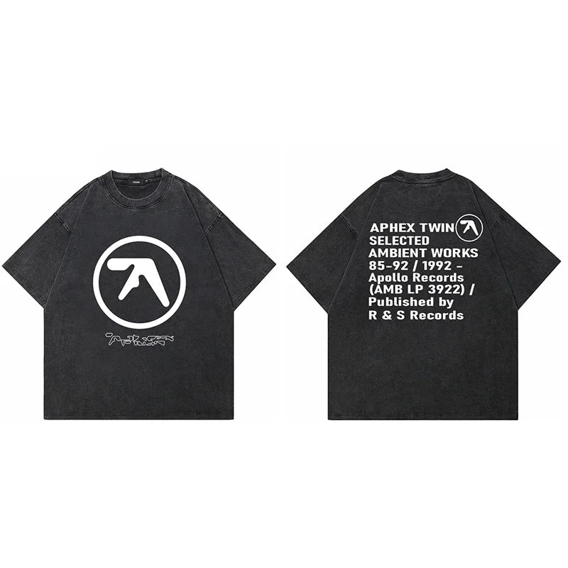 Men T-Shirt Aphex Twin Washed Black Print Short Sleeve Tops Cotton Graphic Oversized Korean Fashion Tees Y2k Streetwear Clothing