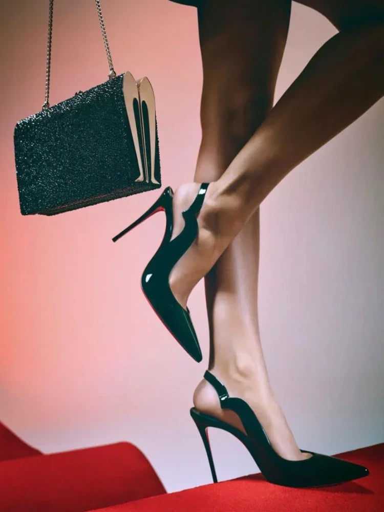 2024 Spring/Summer New Internet Celebrity 12cm Pointed Red Bottom High Heels for Women, Thin Heels, Sexy Back Headless Sandals