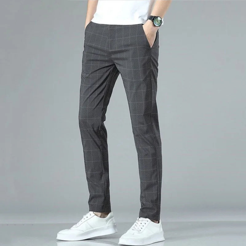 2025 Spring/Summer Men's Elastic Slimming Straight Leg Casual Pants Fashion Breathable Grid Design Sports Pants