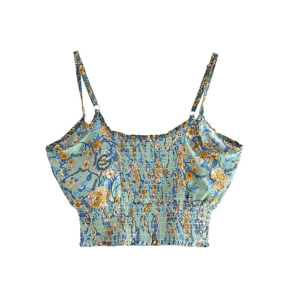 Vintage Chic  Women Floral Print Outfits Strap Sleeveless Tops Bohemian Suits Drawstring Pants 2 Pieces Rayon Cotton Boho Sets