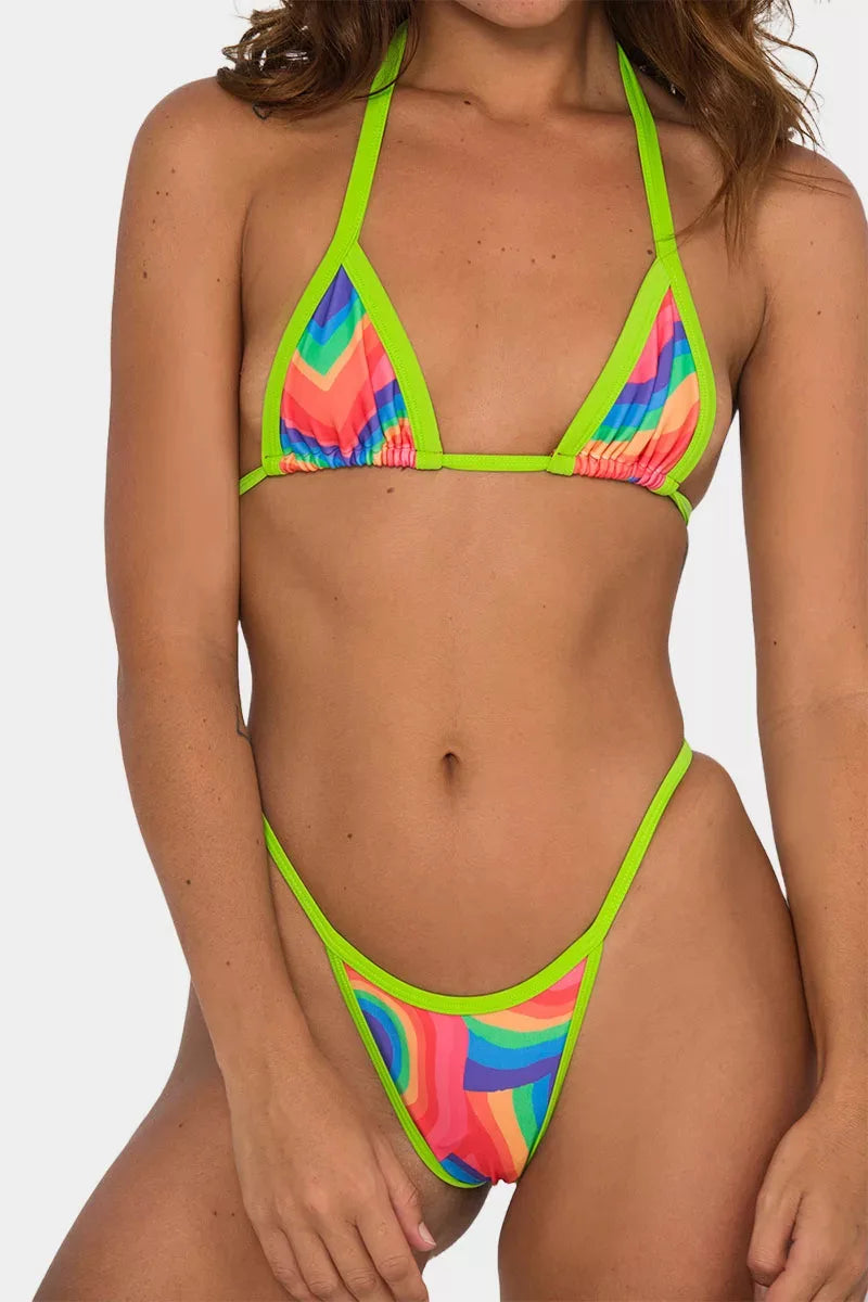 Sexy Bikini Swimsuit Digital Print Two-Piece Women's Triangle Soft Pack Swimwear Trendy Floral Pattern without Shoulder Straps