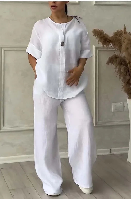 Spring Autumn Fashion Cotton And Linen Solid Two Piece Set Women Causal Loose V-neck Top Wide Leg Pants  2 Piece Sets Woman