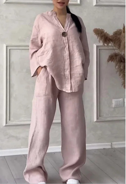 Spring Autumn Fashion Cotton And Linen Solid Two Piece Set Women Causal Loose V-neck Top Wide Leg Pants  2 Piece Sets Woman