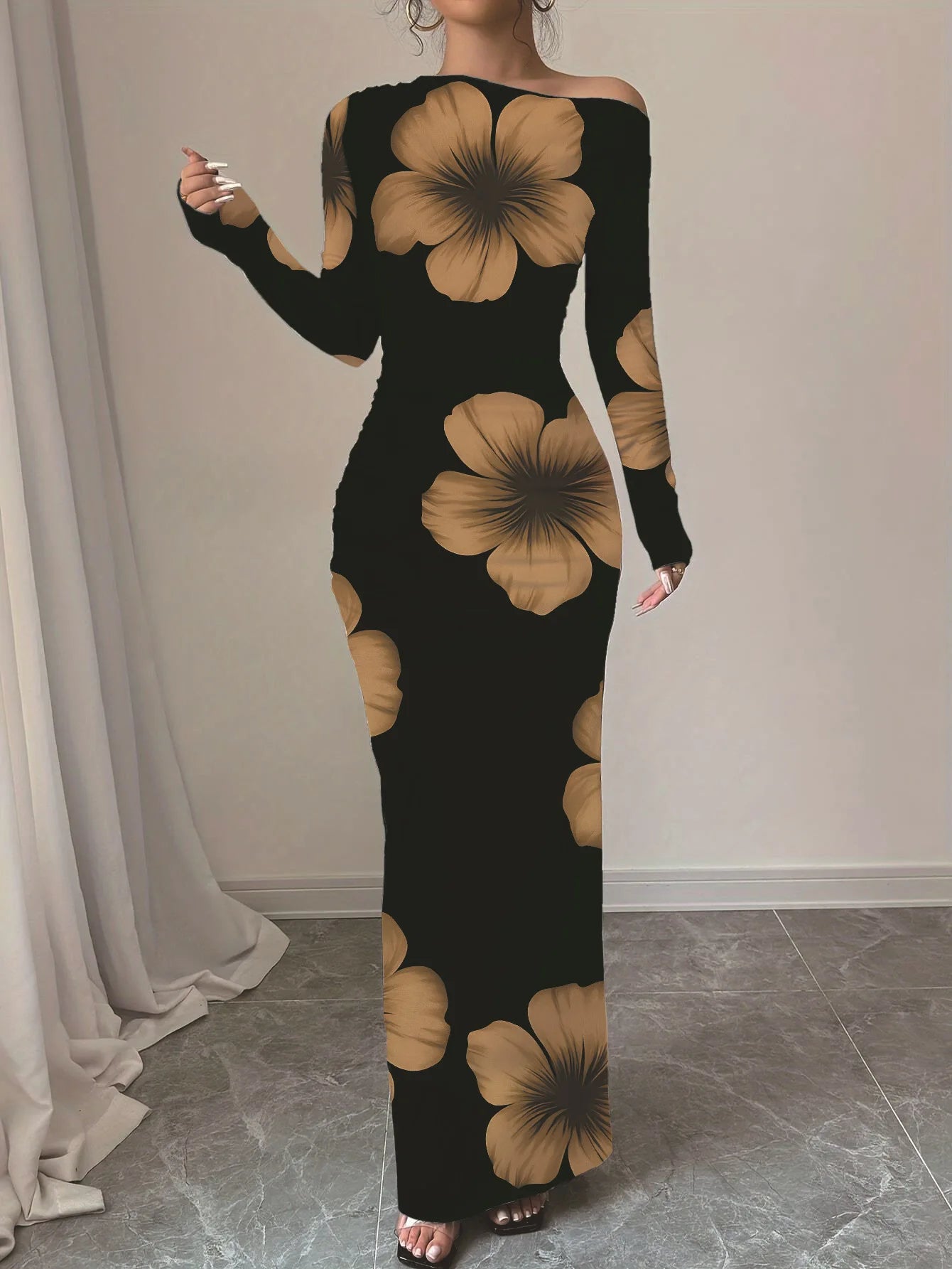 European and American 2025 Autumn New Printed Long Skirt Temperament Slim Long Sleeve Dress