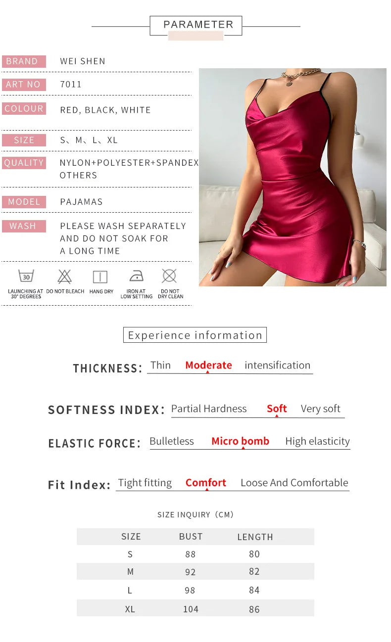 Women's Premium Summer Lace Butterfly Back Decorative Nightgown Sexy Simulated Silk Pajamas with Suspender