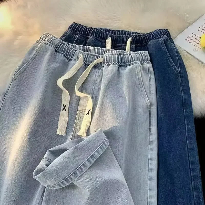 Black Vintage Men Jeans Spring Trend Straight Elastic Waist Wide Leg Denim Pants Male Daily High Street Comfortable Trousers