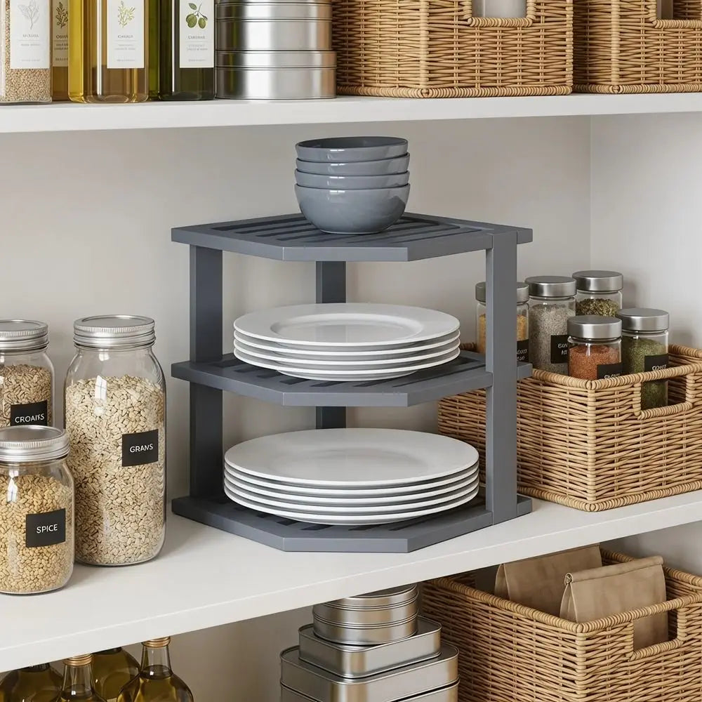 3 Tier Cabinet Organizer Shelf for Kitchen Storage Sturdy Plate Organizer Bamboo Corner Shelf Dish Rack for Cabinet Countertop