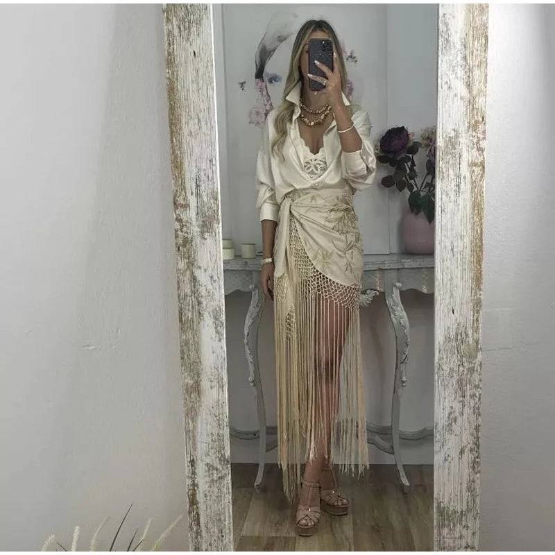 Vintage Embroidered Blouse Tie V Neck Cutout Patchwork Fringe Hem Puff Long Sleeve Tunic Cover Up Women's Relaxed Holiday Wear