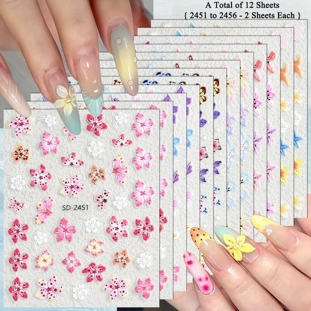 3 to 120 Sheets Tropical Flower Nail Stickers Hibiscus Butterfly Starfish Nail Decals 5D Embossed Self Adhesive Summer Nail Art