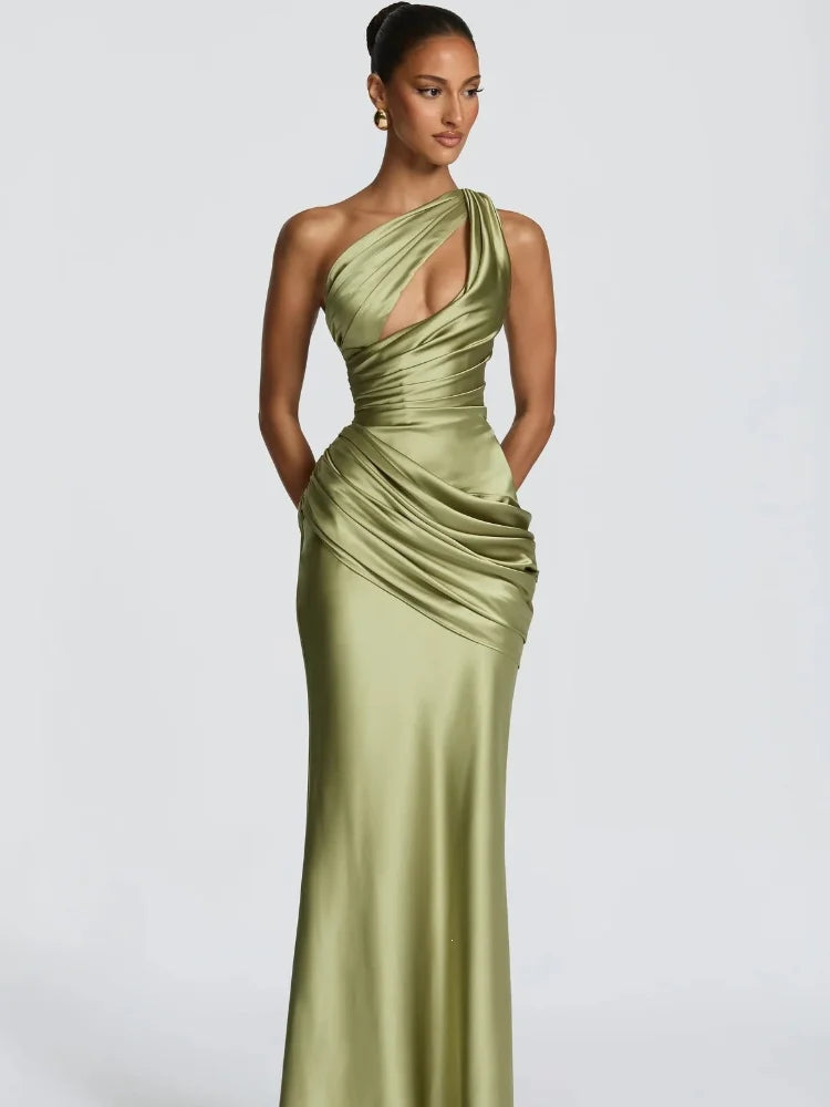 Women Satin One Shoulder Cutout Maxi Dress Elegant Green Ruched Mermaid Slim Fit Flowy Vestido 2026 Lady Summer Evening Dresses