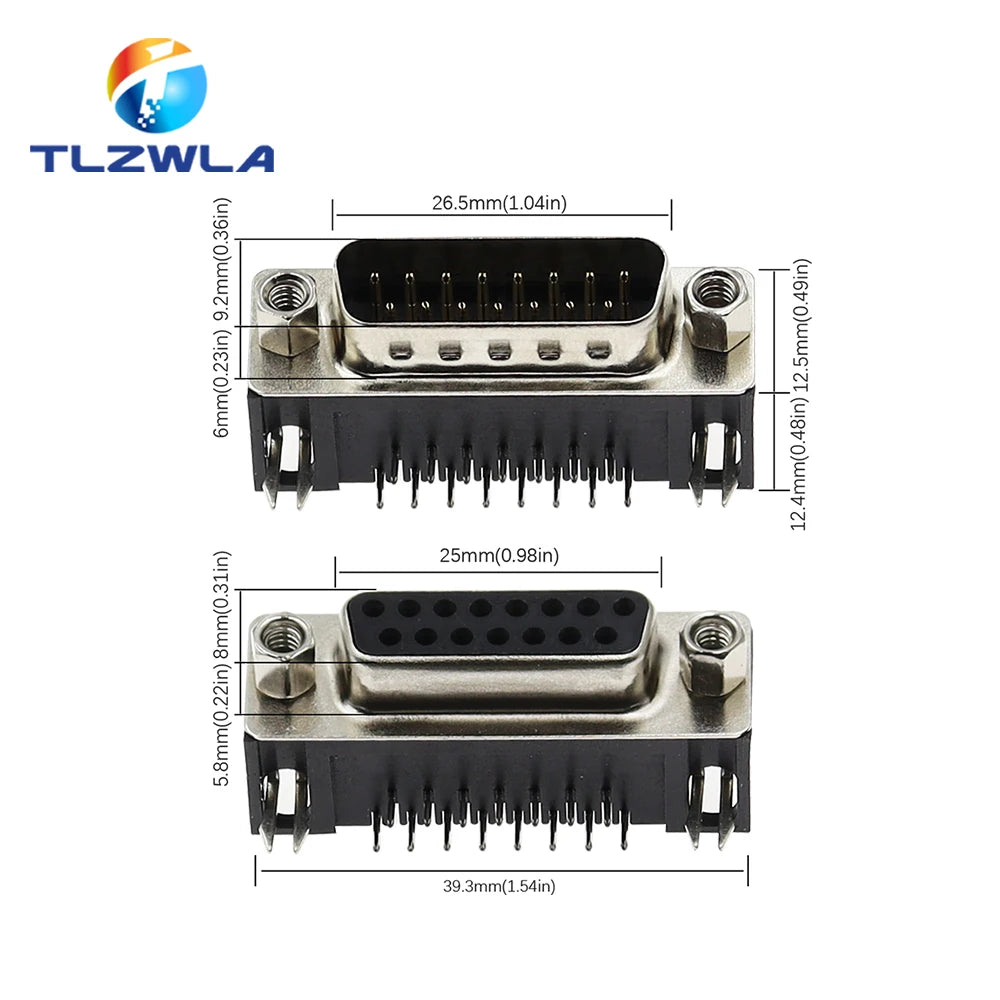 10Pcs Sample Black Male/Female DB15 DR15 D-Sub Right Angle Double Row Pins PCB Mount VGA Port Connector Socket With Screw Nuts