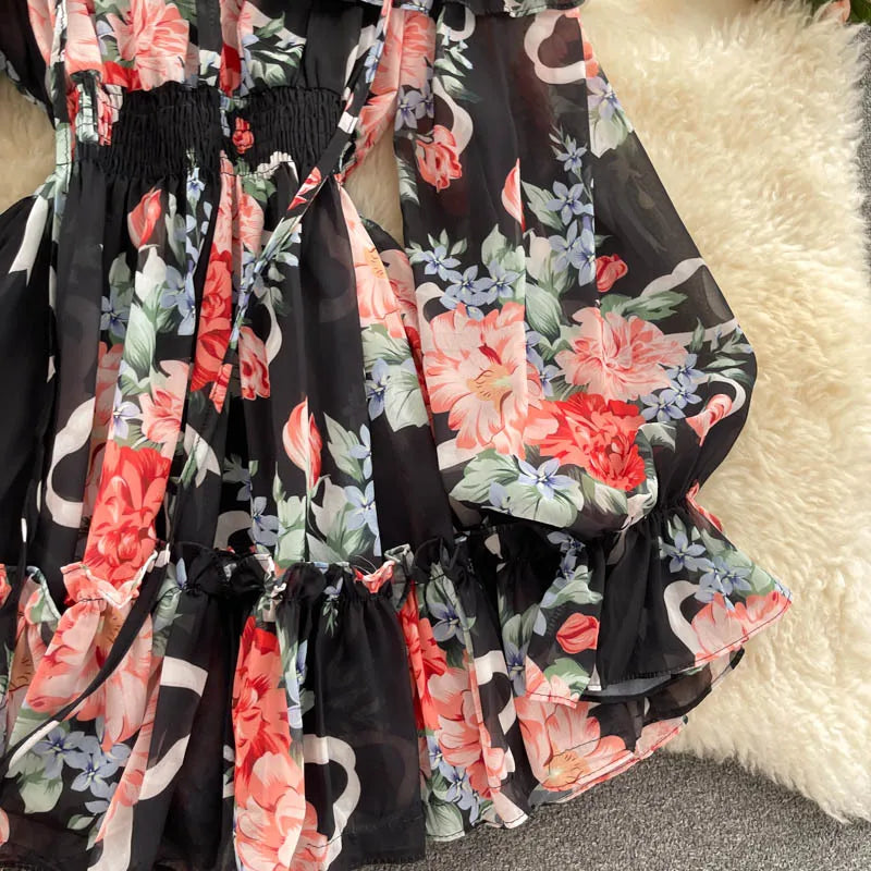 2025 New Retro Summer Beach Vacation Dress Women Sexy Strapless Lantern Sleeve Sweet Floral Jumpsuit Short Chiffon Print Dresses