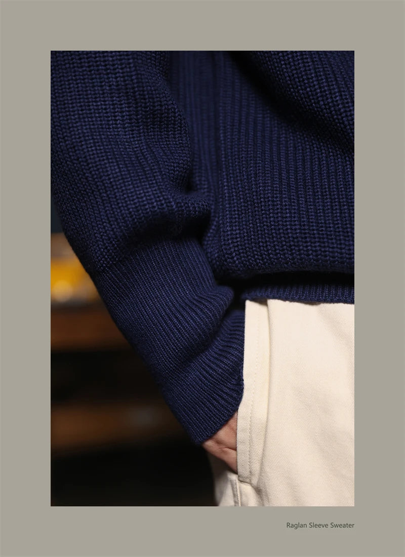 Classic Raglan Sleeve Crewneck Sweater Vintage Style Men's Wool Blend Knitted Pullover Jumper Thick