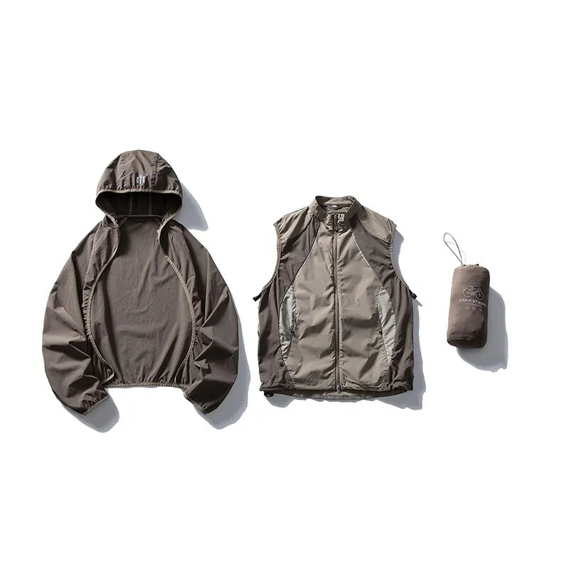Coat + Vest Sets Varsity Jacket Men Outdoor Techwear Fashion Casual Track Hooded Sunscreen Cape Jacket Vest Women Cycling Coat